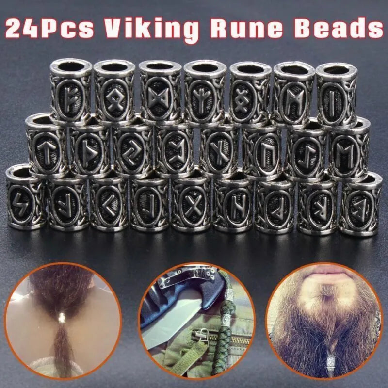 Set of 24 Viking rune beard beads in antique silver, bronze, and red brass finishes