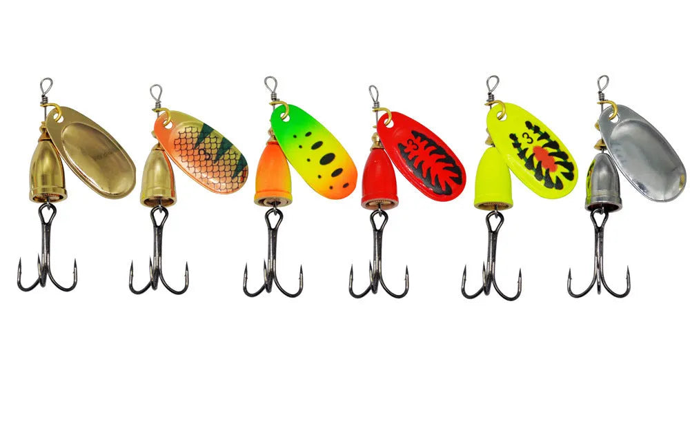 R composite rotating sequin copper bell metal fishing lure in seven metallic colour options.