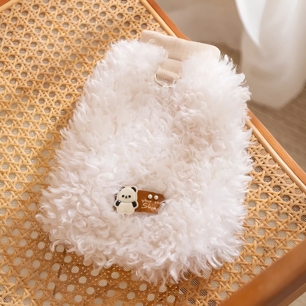 White fluffy lamb wool pet vest with 3D panda patch and "You Shine" tag for small cats and dogs.