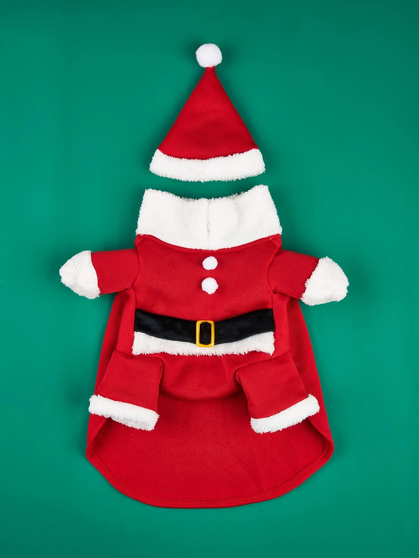 Red polyester Christmas pet costume on a small dog with matching cap