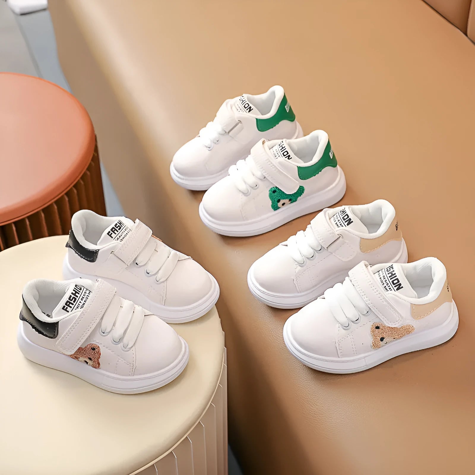 Baby Bear cartoon pattern kids sports shoes in black, green and khaki colours
