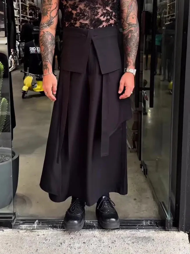 Men's casual strappy solid colour wide-leg ankle-length polyester pants in black