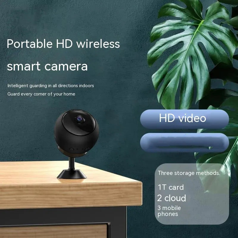 White or black 1080p wireless WiFi security camera with wide-angle lens on a desktop.