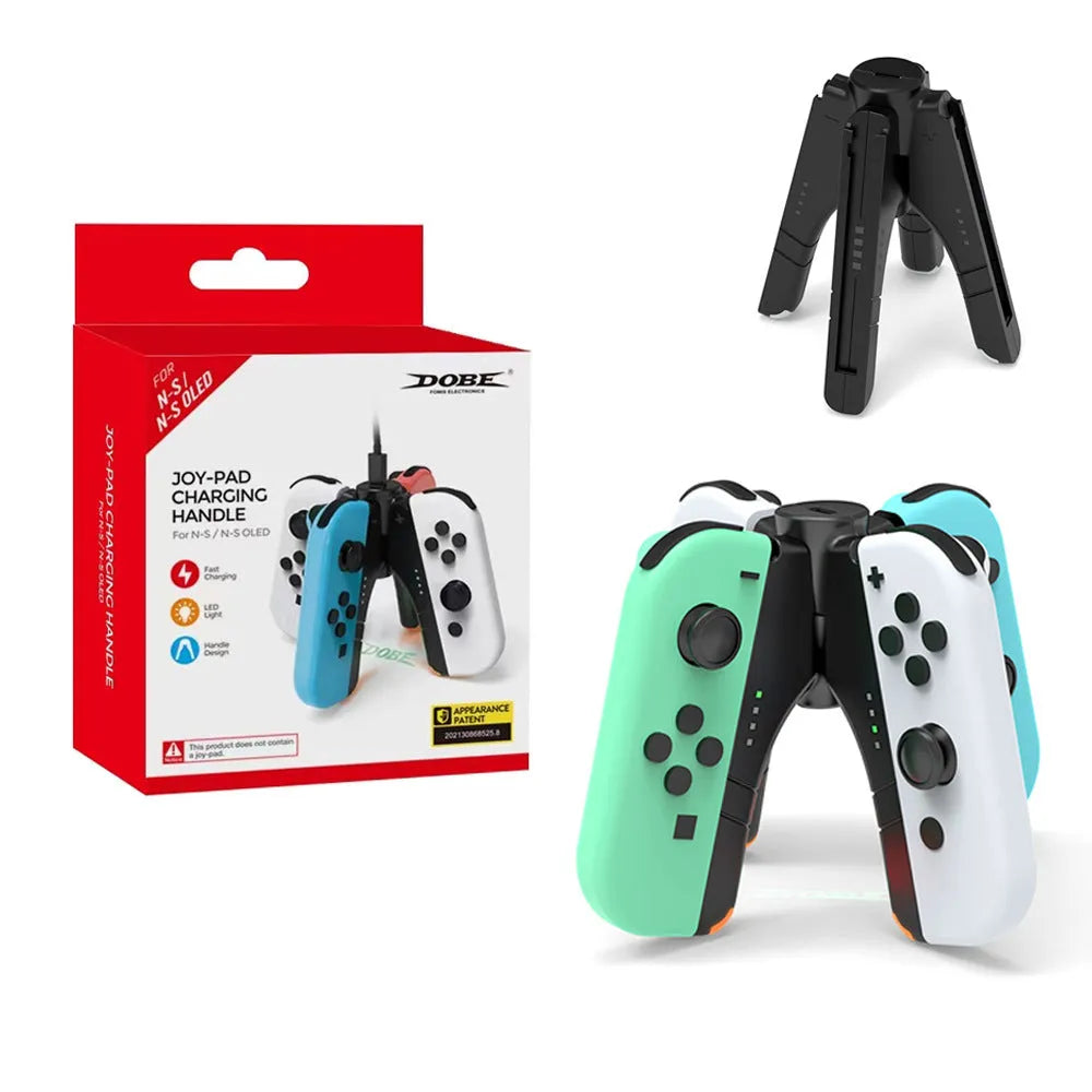 Black ABS four-in-one Joy-Con charger holder with Type-C interface for Switch OLED and Switch rod end.