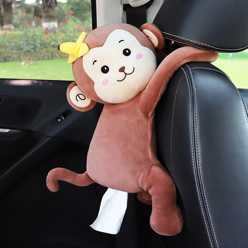 Plush car seat back-mounted tissue box holder with elastic strap in animal design