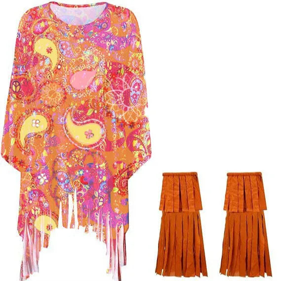 Tie dye patterned cloak costume with bell sleeves in a choice of vibrant colours.
