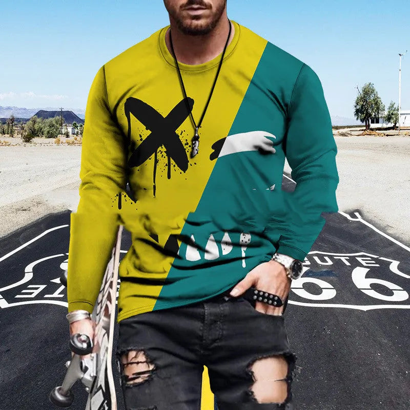 Colour block digital print men's t-shirt with round neck in polyester blend fabric