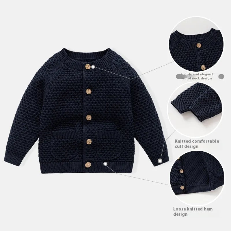Boys' knitted cotton jumper in Teeth White or Sapphire Blue, round neck long sleeve sweater, 66-100cm