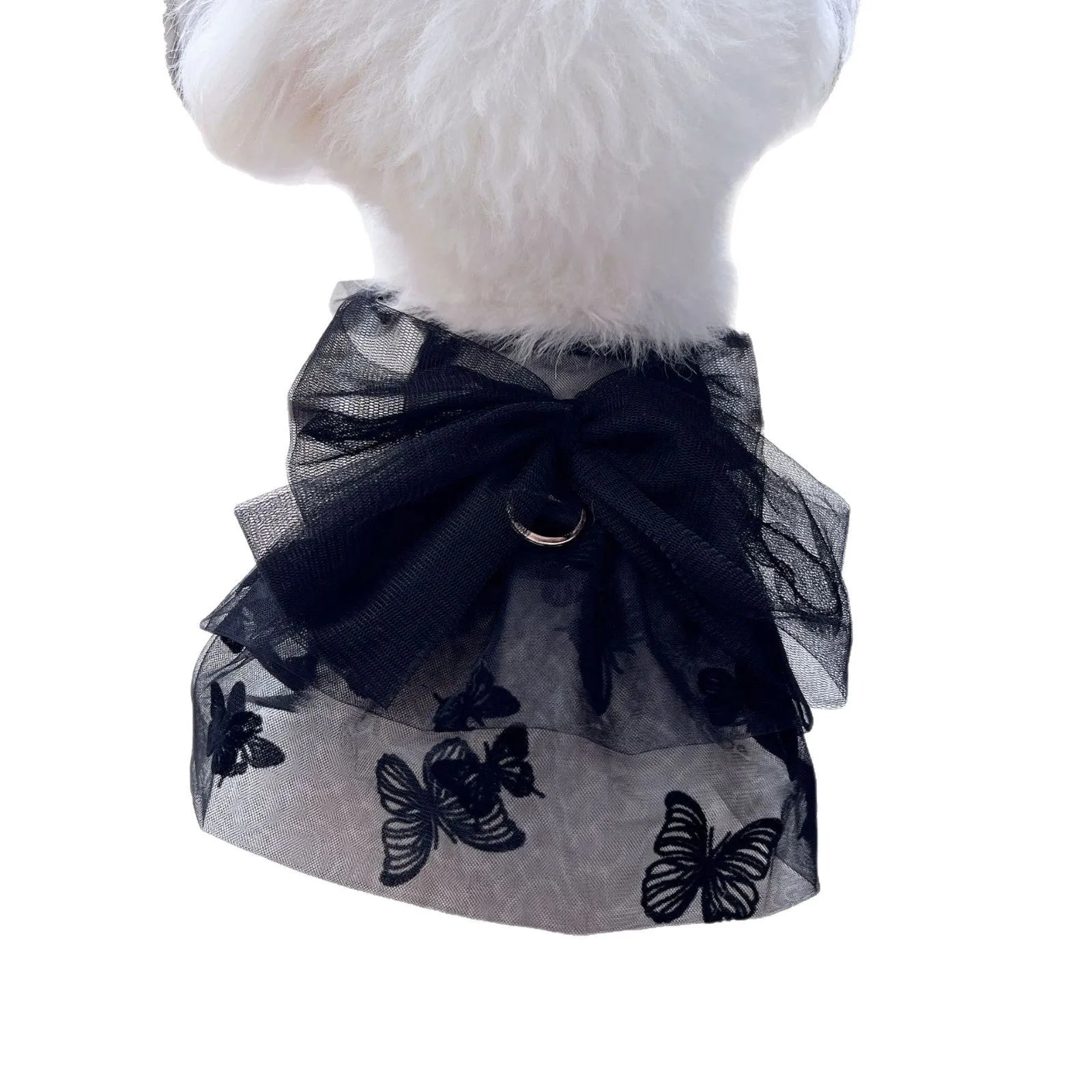 Black gauze princess tulle skirt for a small dog, showing lightweight sheer fabric and formal style.