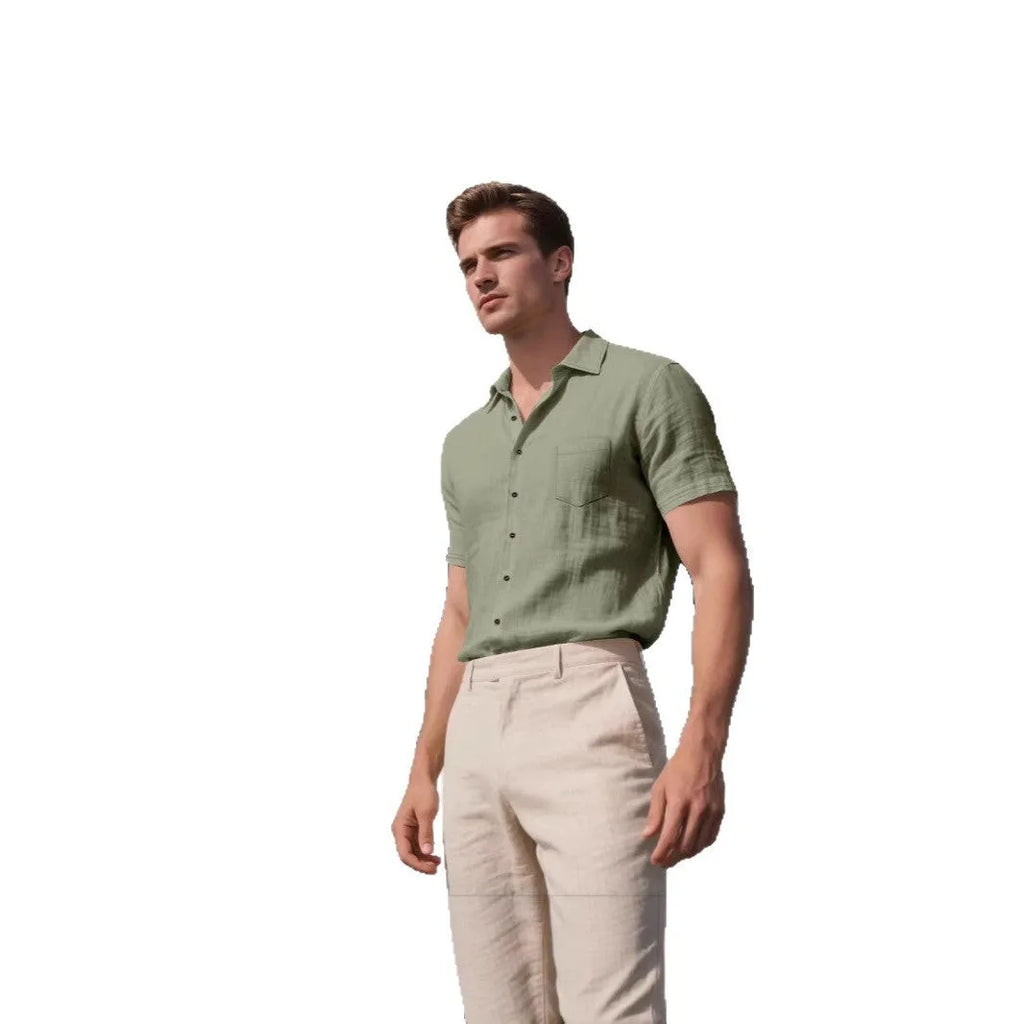 Men's loose cardigan-style short-sleeved shirt in cotton blend fabric showing colour options