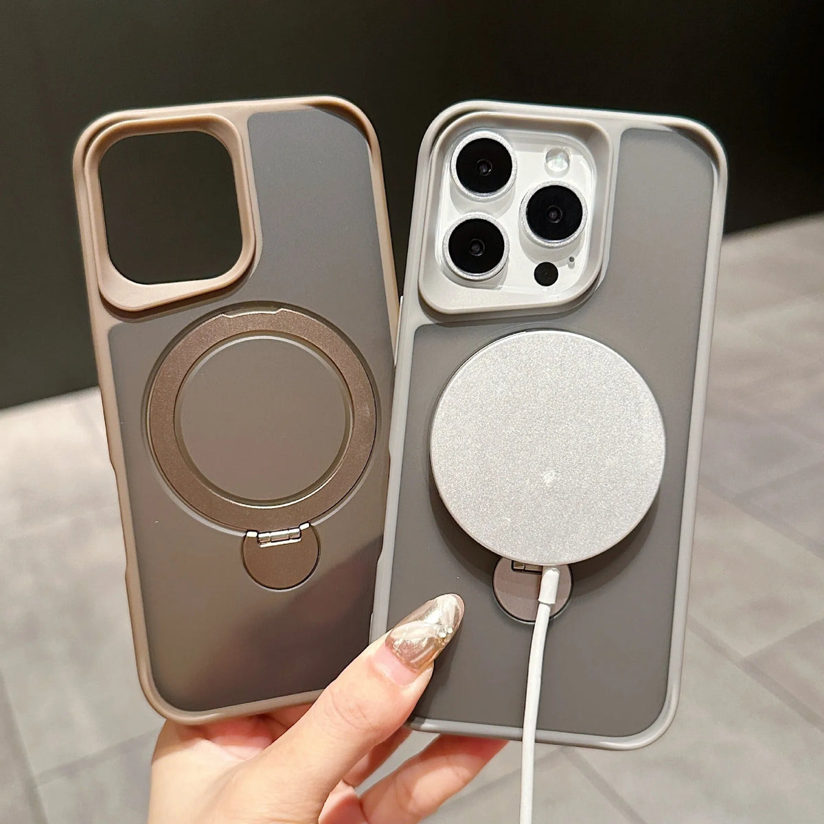 iPhone 16 Pro case with 360 rotating bracket and magnetic suction, frosted TPU PC, shown in purple colour option