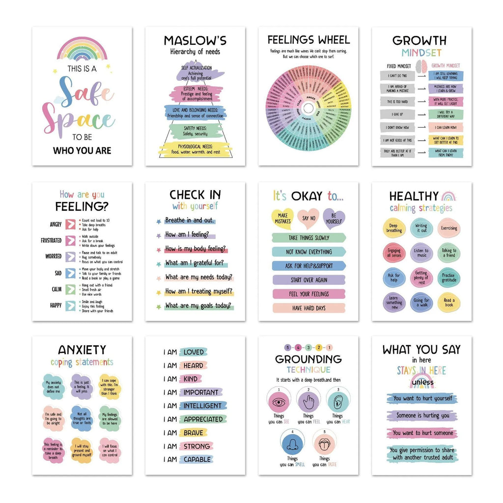 Twelve mental health posters on coated paper with bright film finish, 255x355mm size