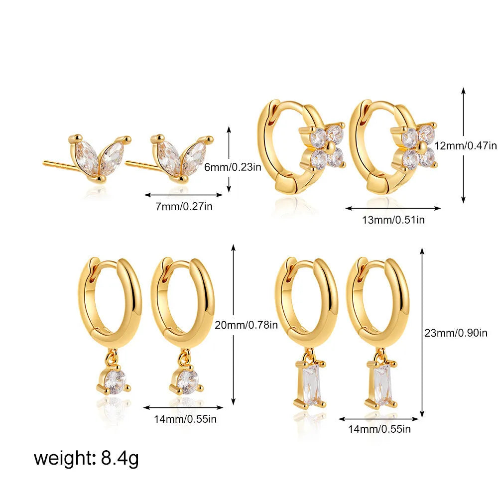 Geometric square copper earrings with zircon accents in gold or silver electroplated finish