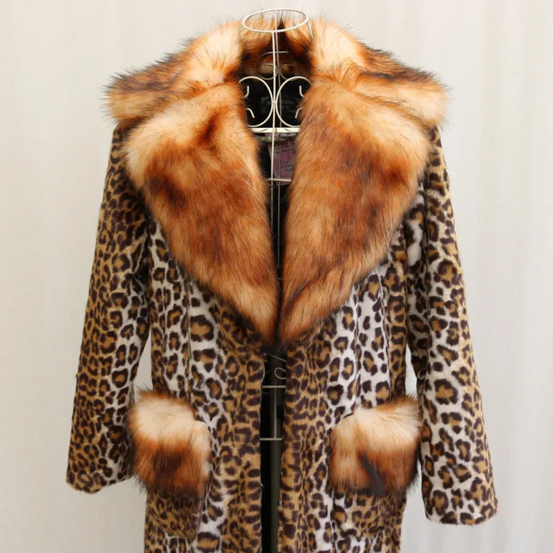 Women's leopard print artificial fur casual jacket with regular sleeves