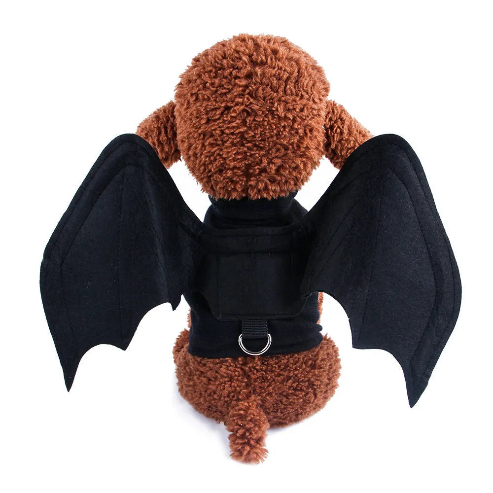 Black cloth bat wing Halloween pet costume with bell for dogs or cats, 3D wings folded