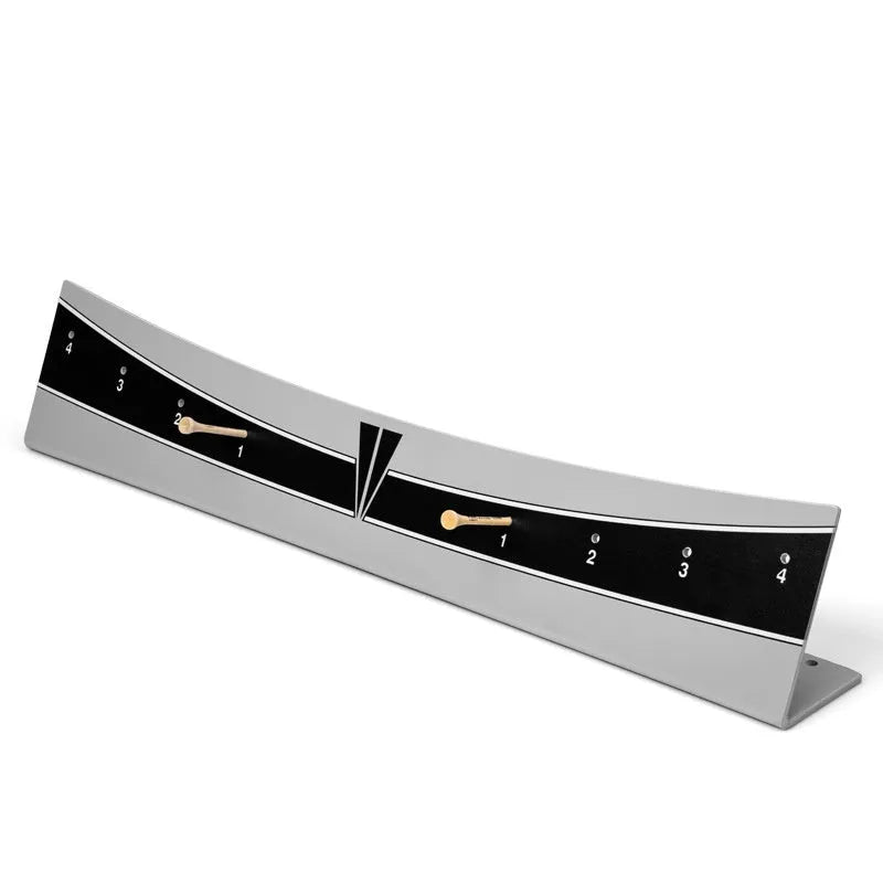 Golf putter with attached adjustable balance simulator showing the extended push rod mechanism on a putting mat.