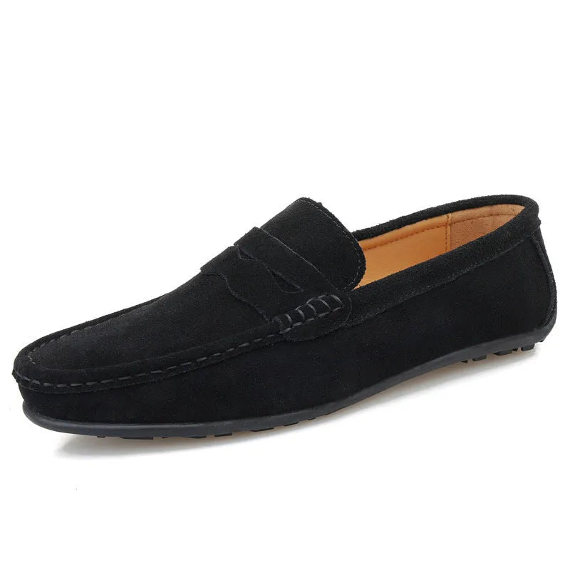 Men's solid colour cowhide suede loafers with round toe and rubber sole
