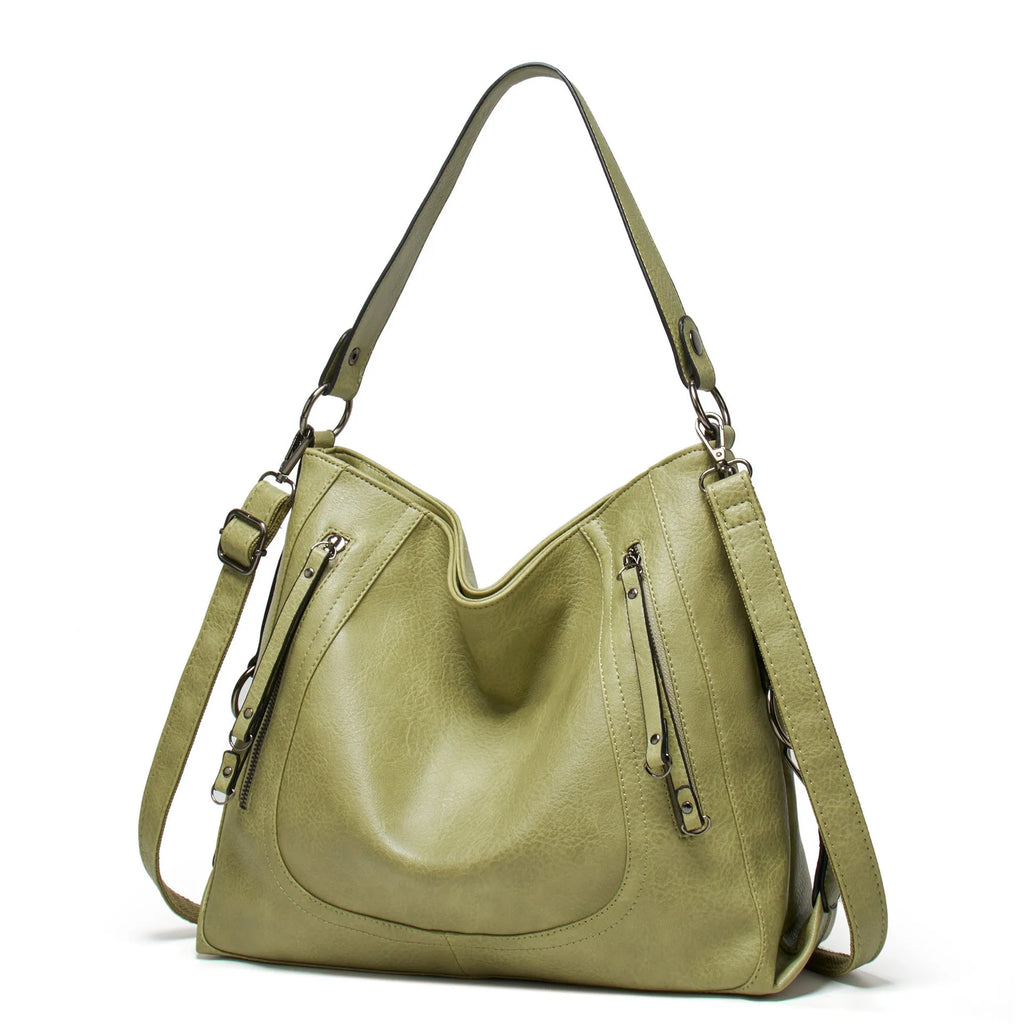 Large capacity soft PU retro tote bag with sewing line detail in bucket shape, outer sandwich pocket, shoulder strap