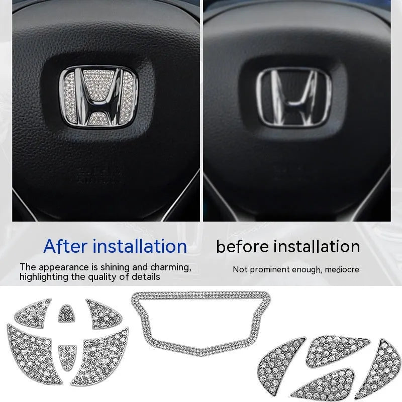 Zinc alloy diamond pattern decorative sticker for a Toyota car steering wheel.