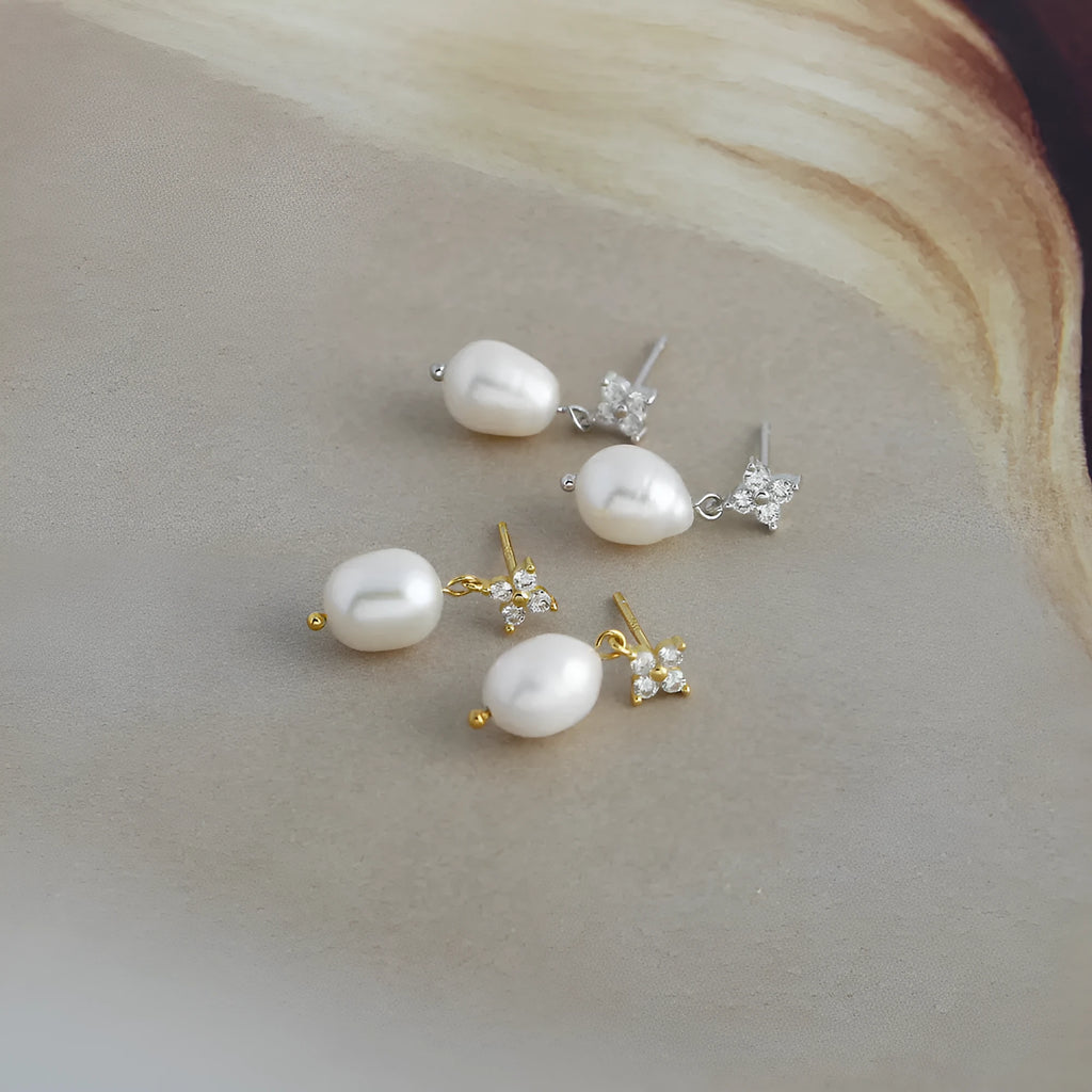 S925 sterling silver four-leaf zircon ear studs with pearl inlay, gold finish