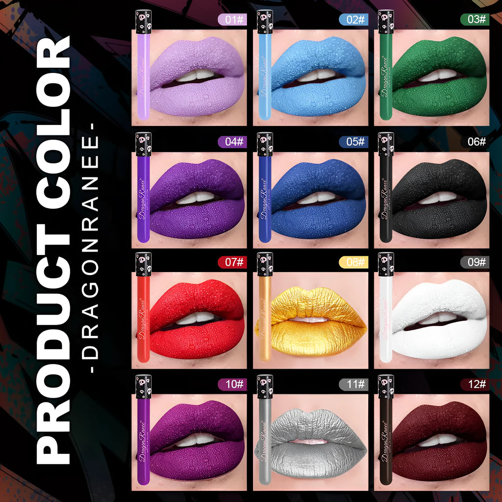 Set of twelve matte lip glosses in skull-shaped test tubes for Halloween makeup.