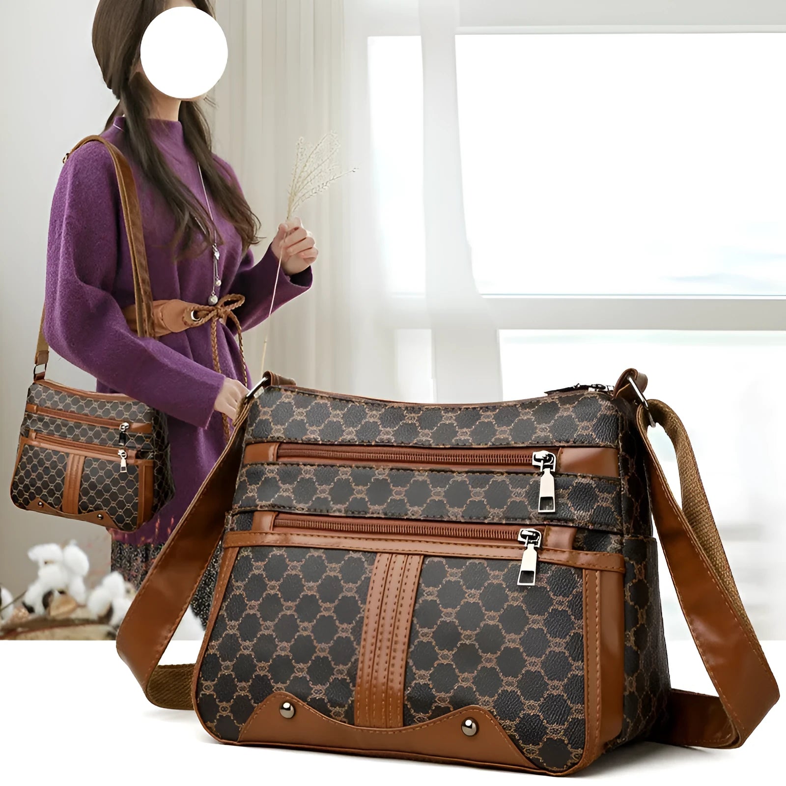 Women's brown and white stitching pattern large-capacity crossbody bag made from PU leather.