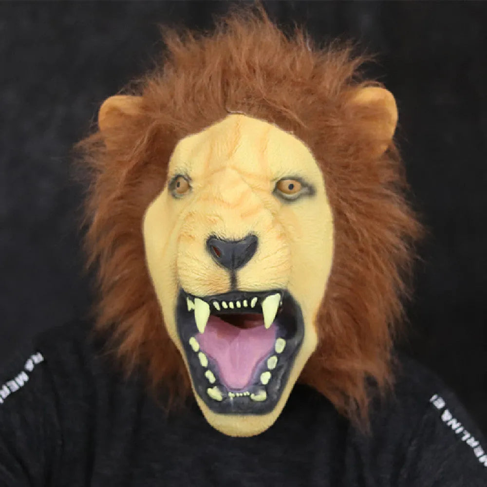 Open mouth lion latex Halloween mask in realistic animal style for adult costume parties
