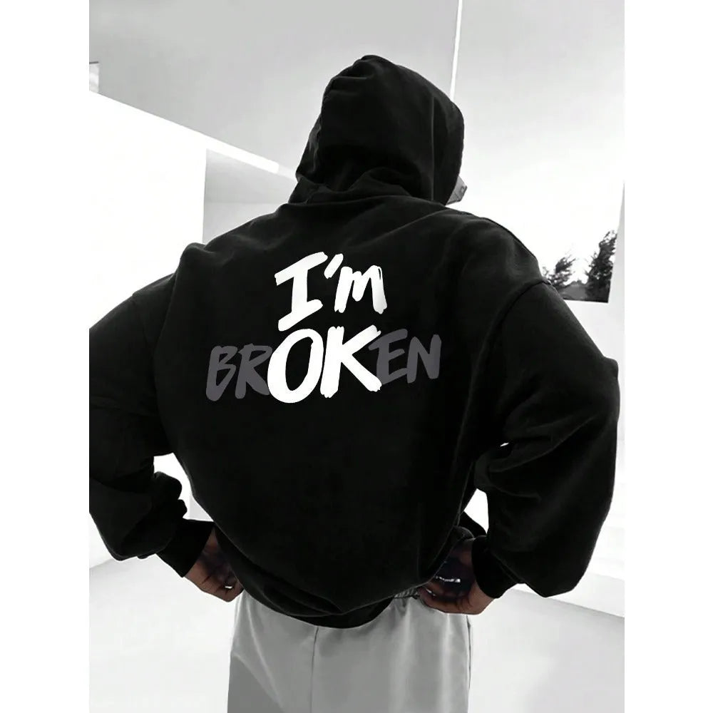 Men's black pullover hoodie with 3D stereo print pattern on front, long sleeves, spandex fabric