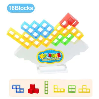 Balance stacking game set with plastic building blocks and wooden chassis