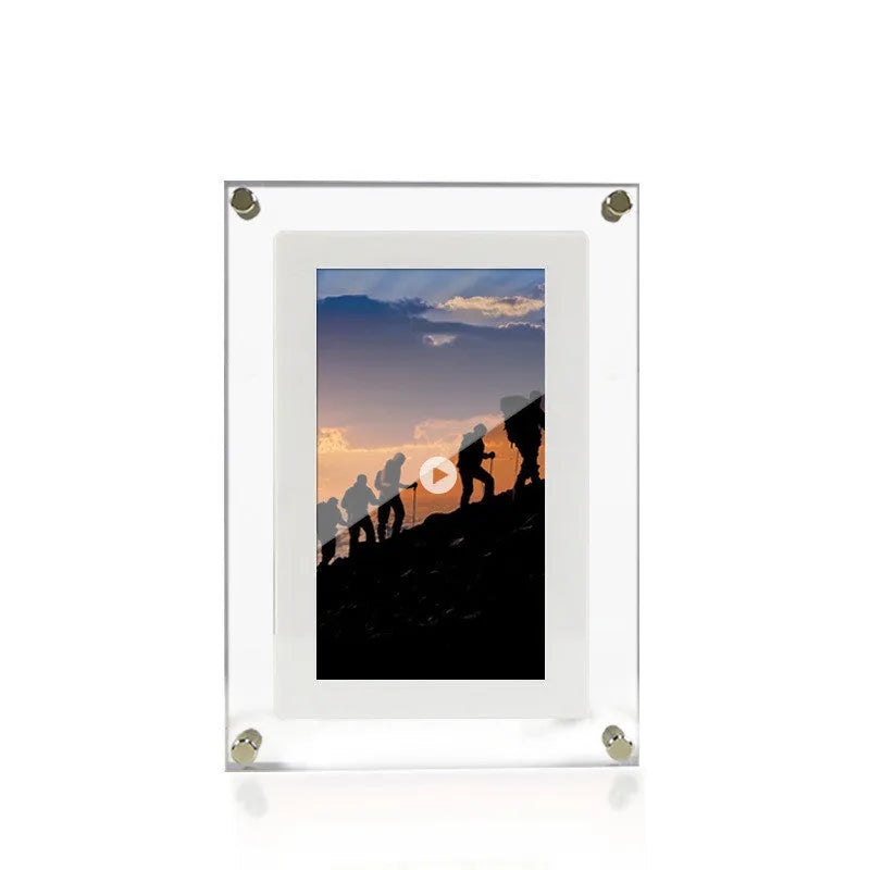 White vertical digital picture frame with 5-inch screen showing family photos
