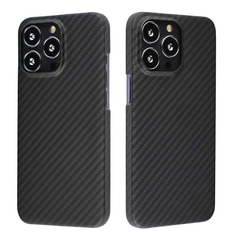 Matte black Kevlar fibre protective iPhone case showing textured surface and precise camera cutouts