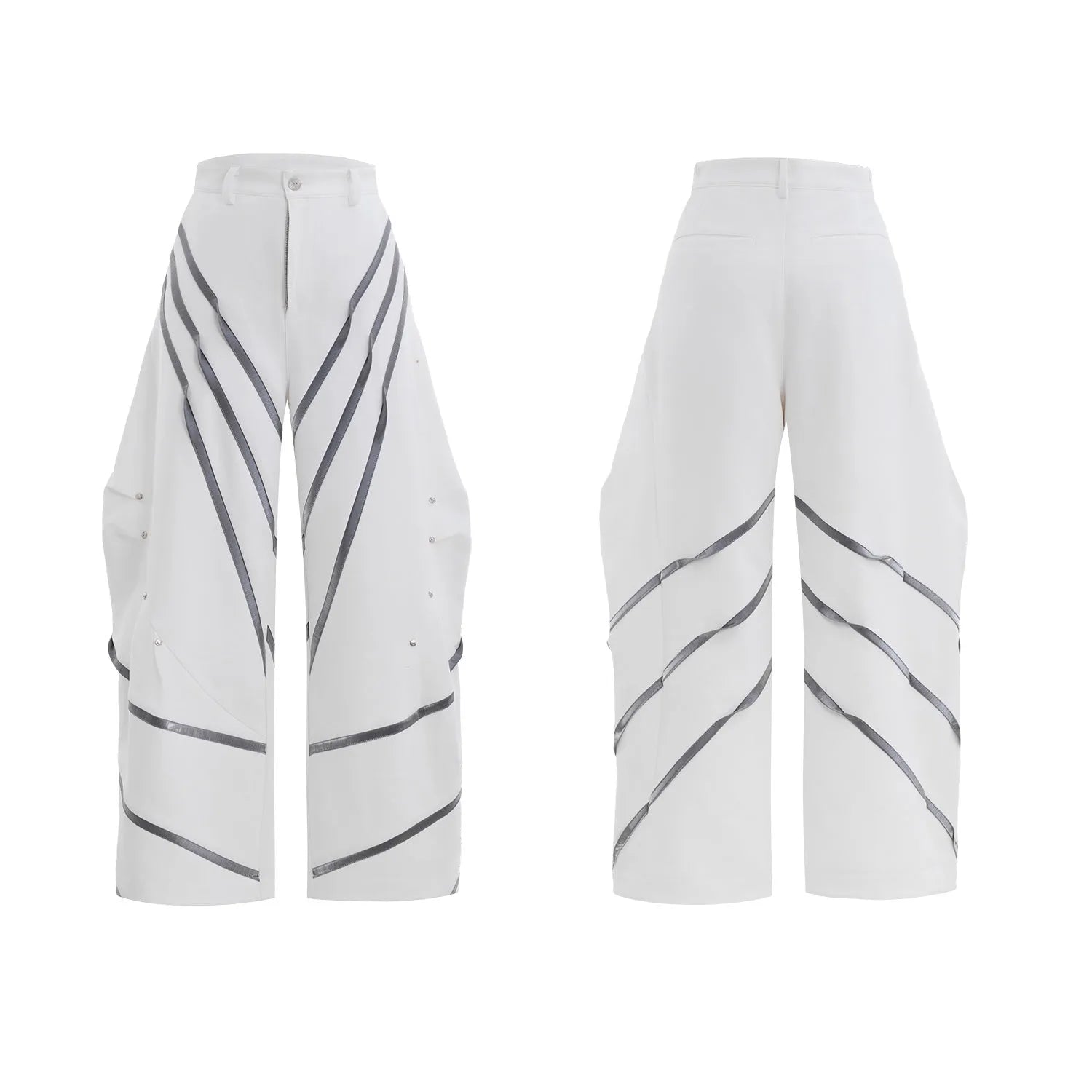 Men's black trousers with metal striped rivet and pleated detail on a three-dimensional cut.