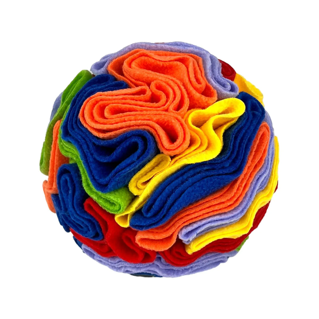 Polar fleece pet sniffing toy ball in rainbow colour for dogs, 10cm diameter, on white background