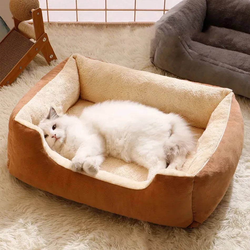Short plush rectangular pet bed for cats and dogs with a removable cover in grey, shown in a large size.