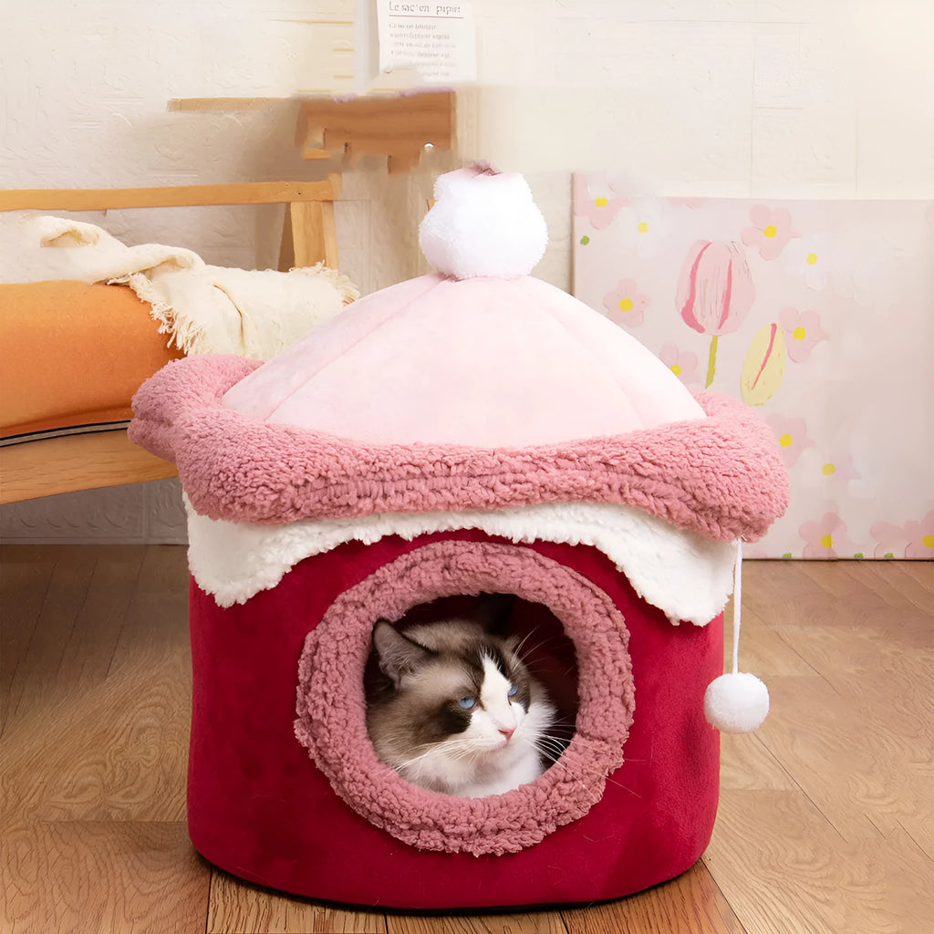 Ice cream house shaped dog pet house in pink with crystal velvet and pulled plush, M size 40×40 cm