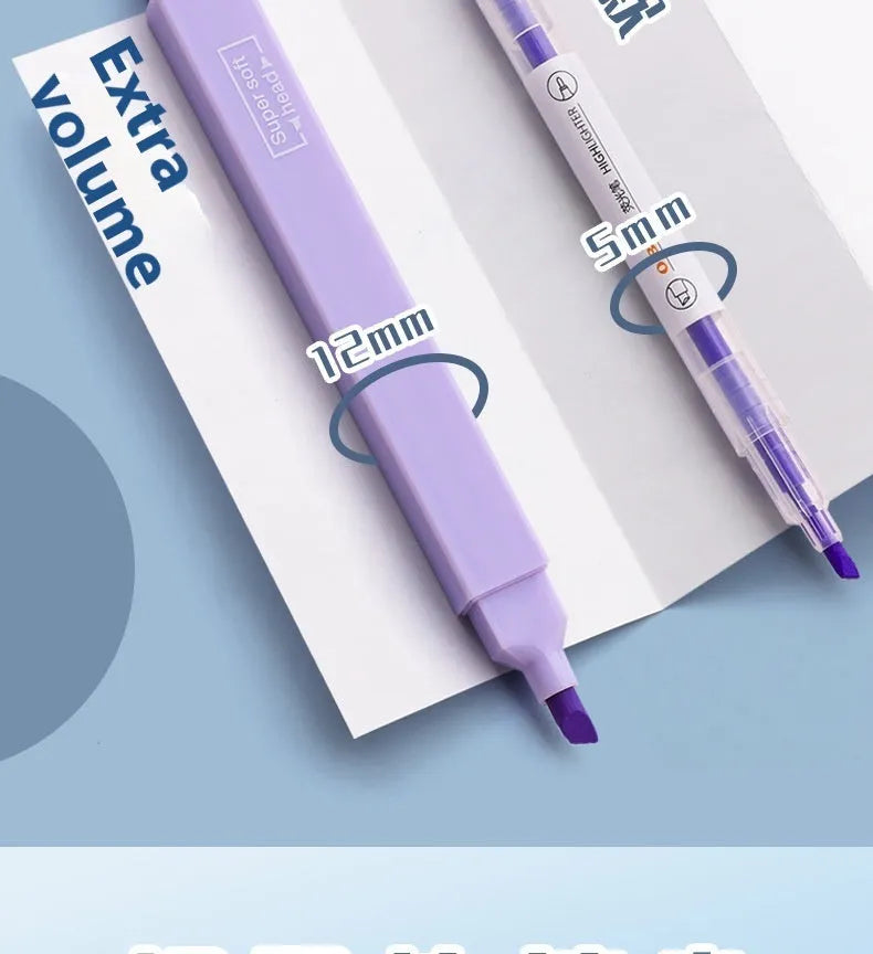 Set of double-ended fluorescent highlighting pens showing chisel and fine tips, in mixed, salt series, and sweet series colours.