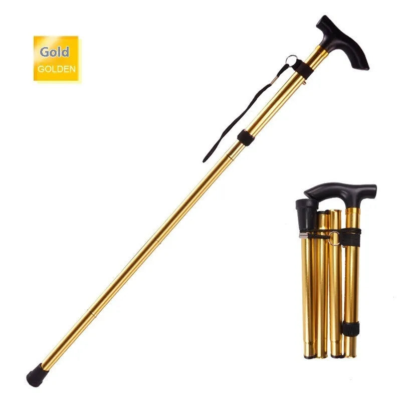Aluminium alloy folding walking cane with non-slip handle, shown in an adjustable length from 85 to 95 cm.