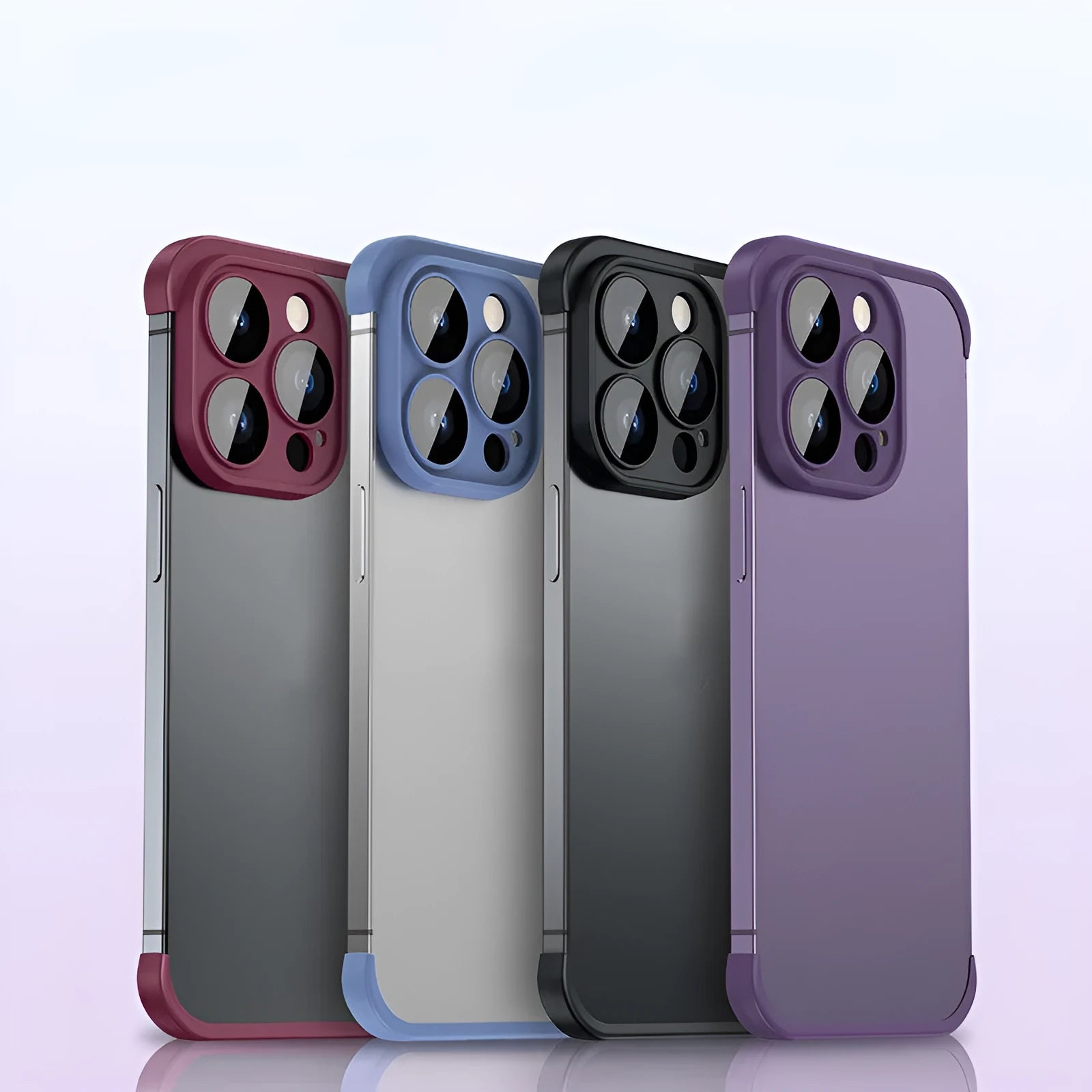 Dark purple TPU iPhone case showing corner pads and glass film over the camera lenses.