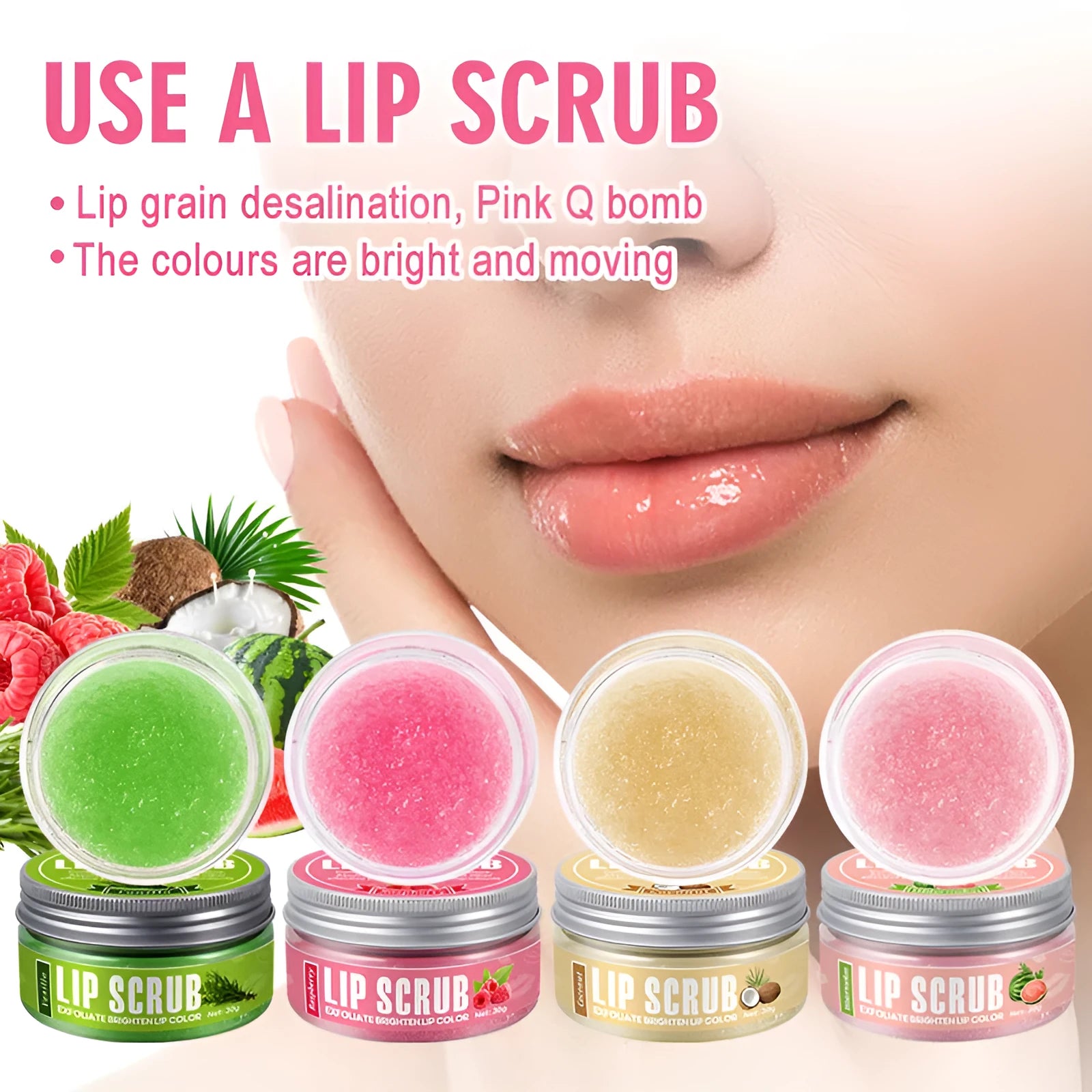30g pot of fruit flavour lip scrub cream in coconut, raspberry, vanilla, or watermelon options