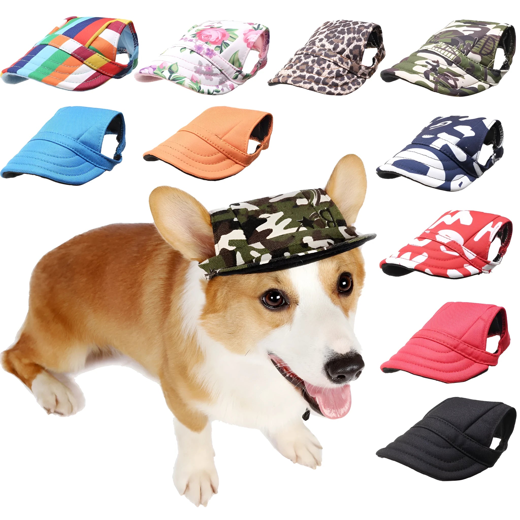 Pet supplies Oxford baseball-style dog sun hat in natural colour on a small dog