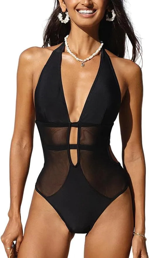 Black women's V-neck one-piece swimsuit with hanging neck mesh detail