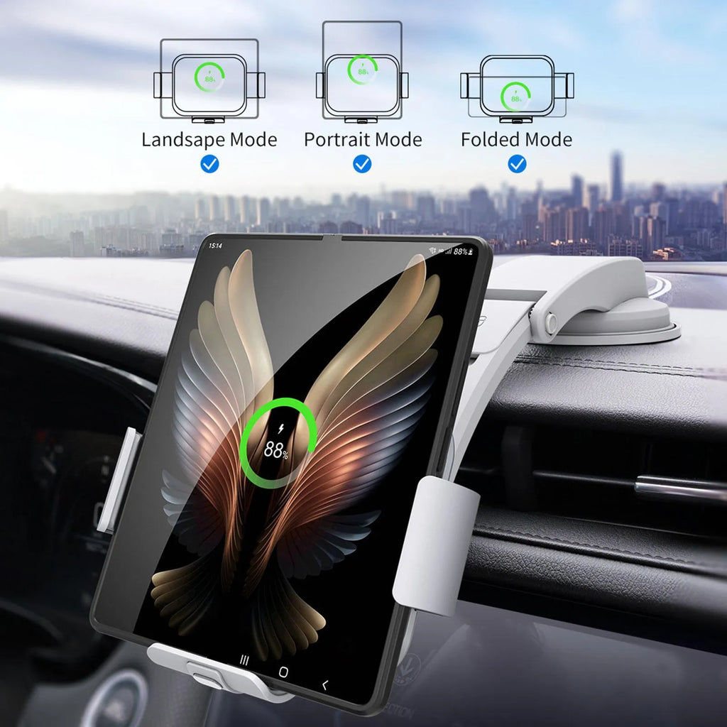 Grey and white wireless charging mobile phone holder for car with folding screen, air conditioner clip, and suction cup bracket.