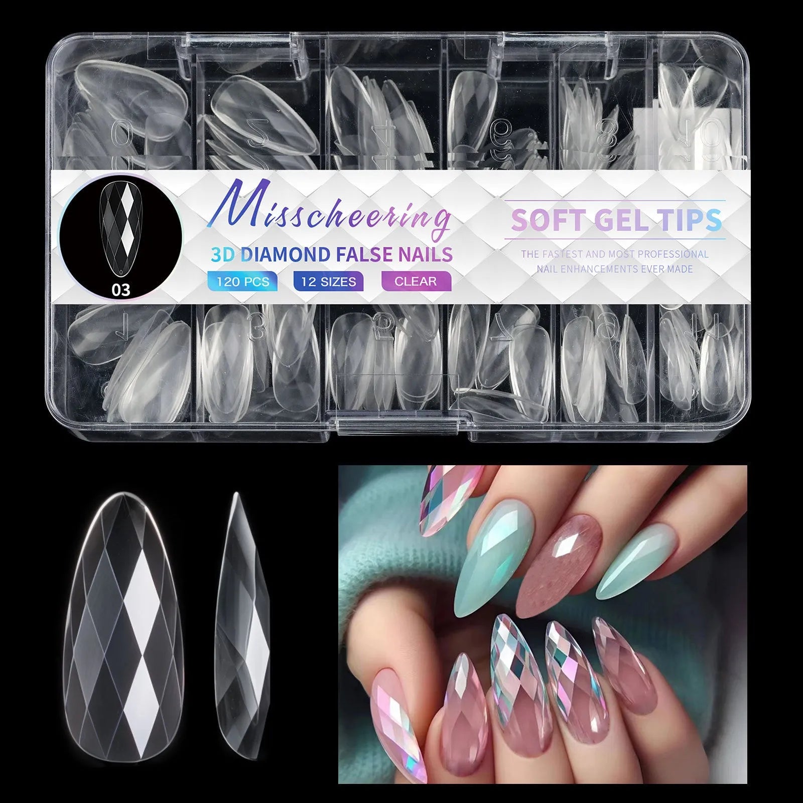 3D diamond texture long false nails in assorted colours, 120-140 pieces per pack