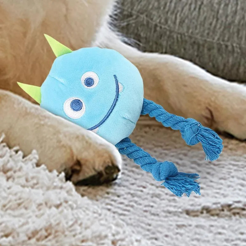 Yellow and blue dog squeaky toy with knot rope design for chewing and dental cleaning