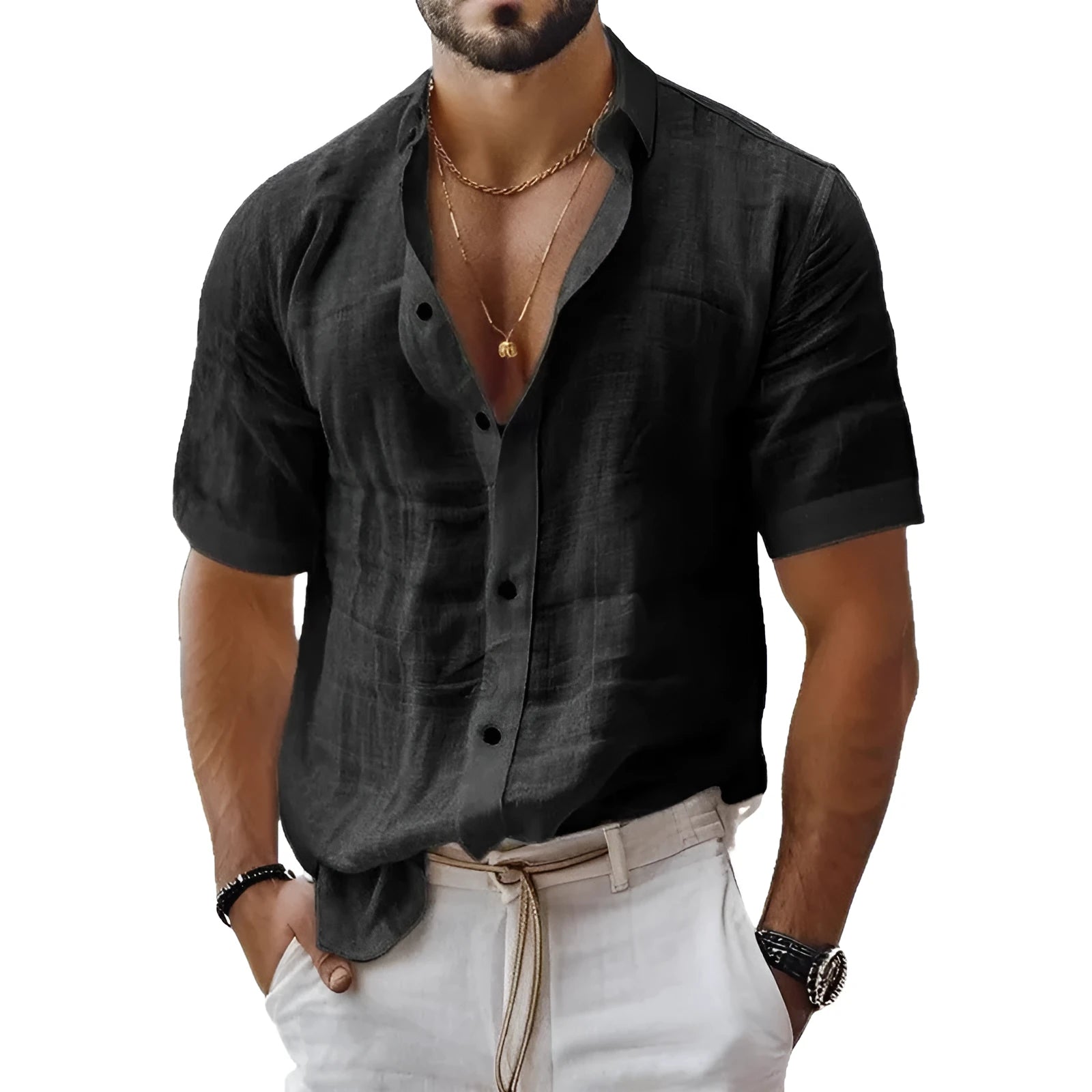 Men's short sleeve lapel shirt in blended cotton linen fabric shown in solid colour options