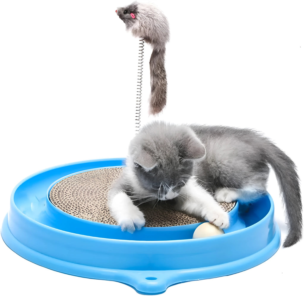 Blue interactive cat scratcher toy with central scratch pad, circular ball track, and a mouse swatter accessory.