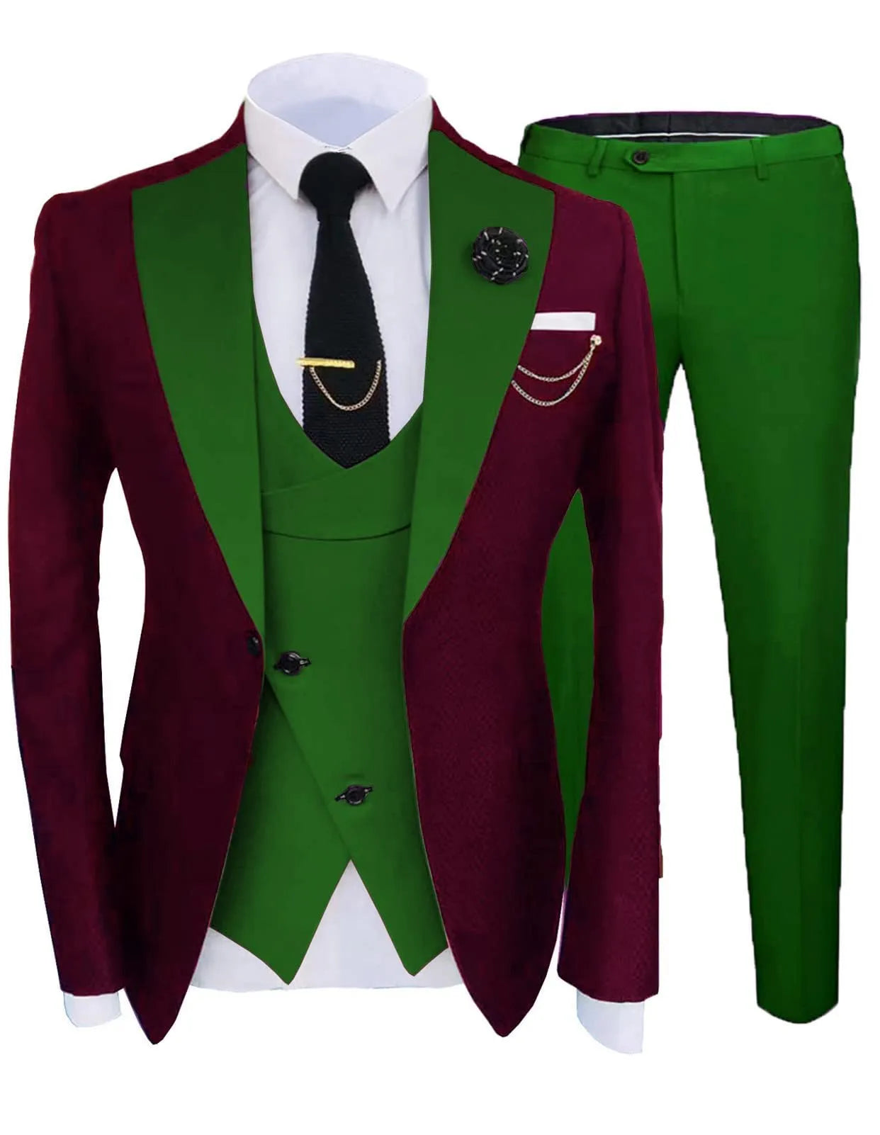 Men's slim fit cotton three-piece suit set with coat, trousers, and vest in wedding colours