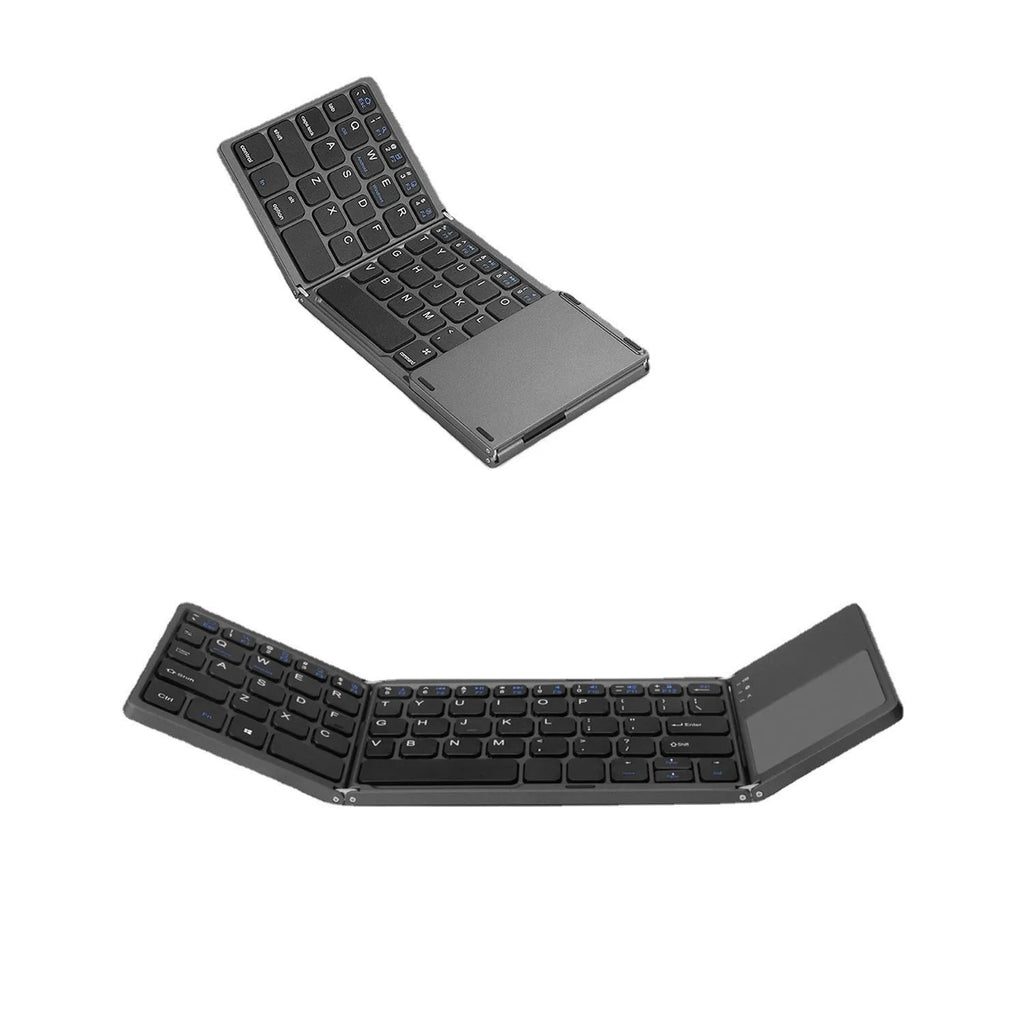 Black tri-fold Bluetooth keyboard showing folded thickness next to tablet for size comparison