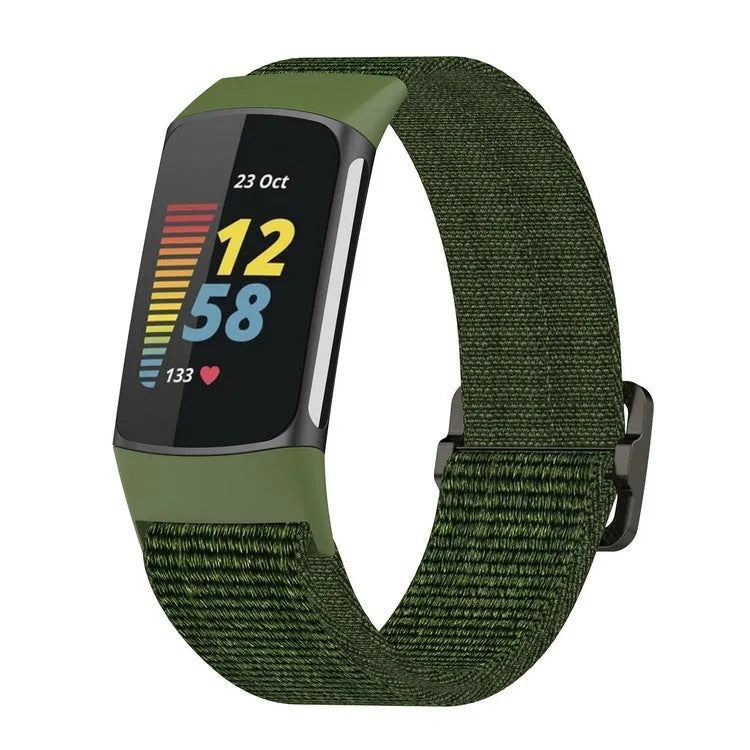 Elastic nylon woven canvas watch band for Fitbit Charge 5 or 6 in Seashell colour on a white background