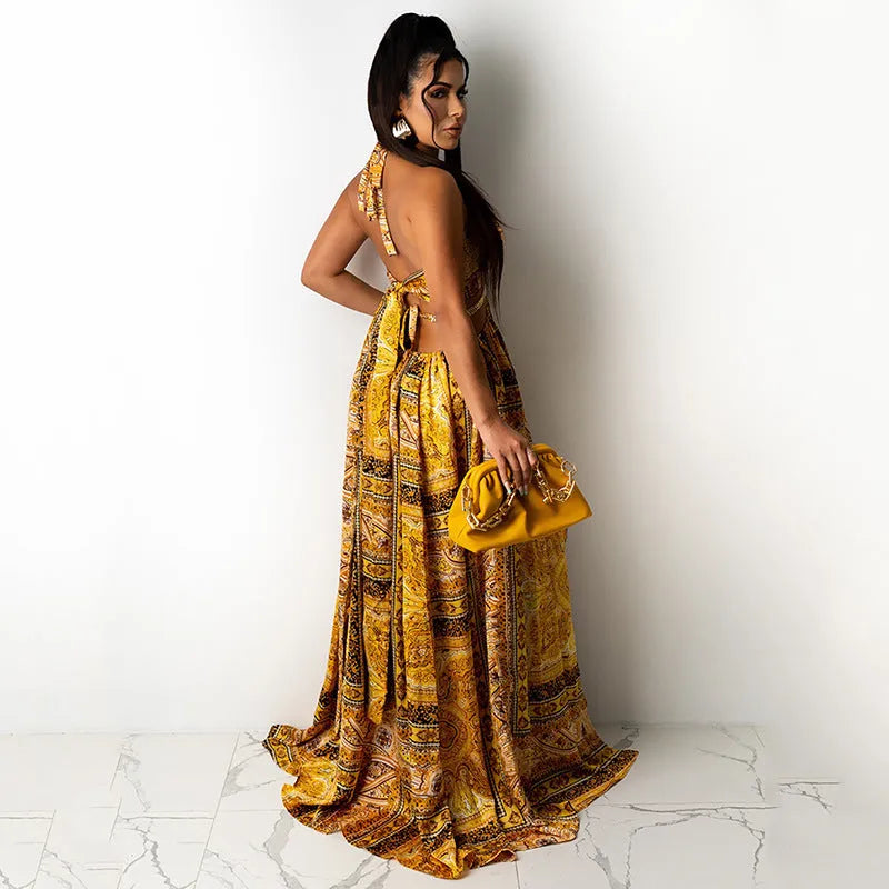 Sleeveless printed halter split dress in yellow brown, mid waist long skirt, polyester, front view
